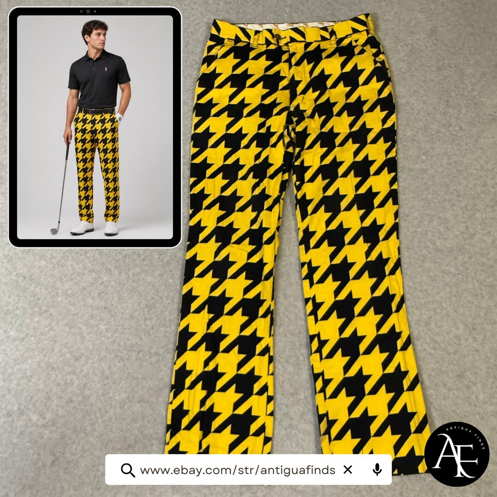 Loudmouth Golf Mens Yellow Black Oversized Houndstooth Pants 30x30 Flat Front